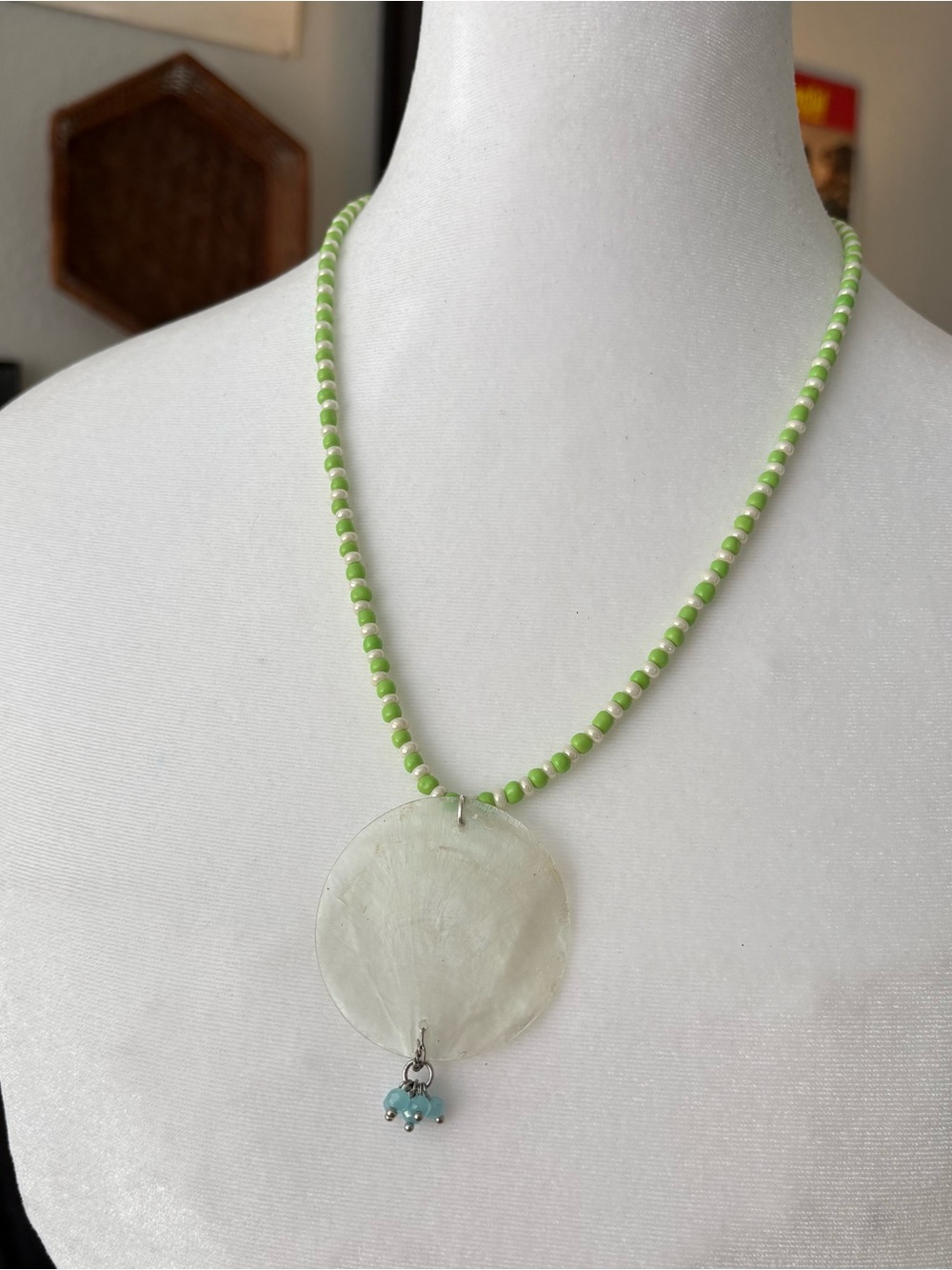 Handcrafted Green Beaded Necklace with Iridescent Capiz Shell